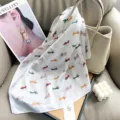 Elegant white silk scarf with colorful cartoon dog print, small square neckerchief - 65*65 / White