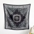 Macro view of elegant floral print square scarf featuring a central rose pattern - RY-37