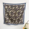 Large square scarf featuring classic paisley ethnic print in navy and beige - RY-45