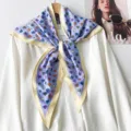 Elegant purple silk scarf with colorful horse print tied over a white blouse for women - 87*130CM / Light Blue