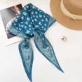 Retro blue paisley floral cotton scarf hair tie with elegant pearl ring and straw hat. - Blue (YYLXJ28) / 35x120cm