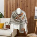 Elegant floral cotton linen scarf sun protection shawl in sage green and orange floral - Gray / 180x85cm