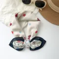 Elegant pastoral style floral cotton small square scarf with butterfly print in white - 65x65cm / Black