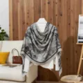 Elegant grey floral print cotton linen shawl for summer sun protection and decoration - Gray / 180x85cm
