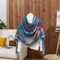 Soft artistic abstract print cotton linen shawl scarf in elegant blue and purple tones - Blue / 180x85cm