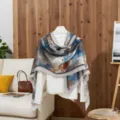 Soft cotton linen scarf with abstract artistic print in blue and orange, elegant shawl - Gray / 180x85cm