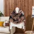 Elegant cotton linen scarf with vintage brown floral pattern on black background - Black / 180x85cm