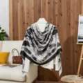 Soft cotton linen scarf with black ink floral print, elegant summer shawl wrap. - Black / 180x85cm