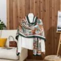 Soft cotton linen scarf shawl with elegant green and brown floral print for women - Green / 180x85cm
