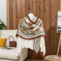 Soft cotton linen floral scarf with brown border for summer sun protection shawl - Brown / 180x85cm