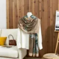 Elegant brown cotton linen scarf featuring a large vintage floral print pattern - Brown / 180x85cm