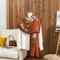Lightweight orange floral cotton linen scarf with burgundy border and soft texture - Orange Red / 180x85cm