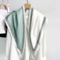 Detail view of fashion mint green color-block triangular scarf with patterned border - 87*130CM / Lake Green