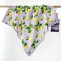 Detail view of 100% cotton square scarf with lemon print and purple stripes design - RY-34