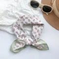 Retro floral 100% cotton square scarf with light green border for women's summer - MBFJ02 / 65x65cm / Green