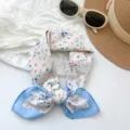Elegant floral print cotton neckerchief bandana with stylish blue bow-tie knot detail - Blue Floral (MBFJ20) / 65x65cm / Blue