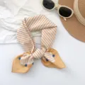 Yellow striped cotton square scarf with blue dots tied in a decorative knot - Small Square Scarf (MBFJ29) / 65x65cm / Khaki