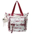 Borsa tote bianca alla moda con motivi di pittura a inchiostro rosso e ciondolo orso - Red single back / con portachiavi
