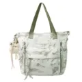 Borsa tote stile coreano con stampa paesaggio e ciondolo in peluche con cerniere - Green single back / con portachiavi