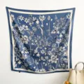 Elegant vintage floral print on blue twill large square scarf for women for all seasons - RY-41