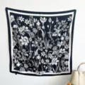 Elegant vintage black and white floral sketch print silk scarf hanging on white wall - RY-43