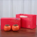 Coffret cadeau de boîtes à thé en céramique en forme de persimmon avec boîte rouge - Coffret Cadeau 2 Boîtes Kaki Orange