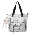 Borsa tote bianca alla moda con stampa paesaggistica grigia e manici superiori neri - Black single back / con portachiavi