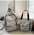 Ink-wash landscape pattern backpack and tote bag set with plush charms - Black