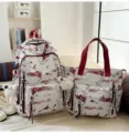 Fashionable student backpack and tote bag set with red landscape print and cute plush charms - Red