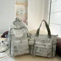 Korean style school backpack and tote bag set with elegant landscape print design - Green
