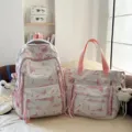Minimalist pink ink wash landscape print backpack and matching tote bag set with plush charms - Pink