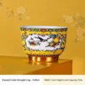 Traditionelle Emaille-Keramik-Teetasse mit gelbem Blumen- und Vogelmuster-Design - Gerader Becher / 7.2x5.2cm (75mL) / Emaille-Gelb