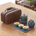 Portable blue ceramic kung fu tea set with three cups and a stylish brown leather travel case - Style 01 Quick Cup (Leather Case) / Blue