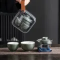 Set da tè da viaggio portatile con gaiwan in ceramica e due tazze verde scuro con borsa - 1 Teiera 2 Tazzine + Tovagliolo + Borsa / Stile Verde Scuro