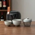 Portable ceramic travel tea set in grass ash grey finish with protective carrying case - 1 Bottle + 2 Cups Set / Sage Grey
