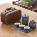 Portable ceramic travel tea set featuring one pot three cups and a brown leather case - Style 02 Quick Cup (Leather Case) / Blue