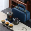 Premium portable ceramic travel tea set with teapot, 3 cups, and navy blue carrying case - Style 03 Quick Cup (Leather Case) / Black