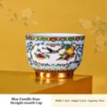 Vintage Emaille Cloisonné Keramik-Teetasse mit Vogelmuster und Goldfuß in Blau - Gerader Becher / 7.2x5.2cm (75mL) / Emaille-Cyan