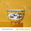 Exquisite traditionelle gelbe Emaille-Porzellan-Teetasse mit Vogel- und Fruchtmuster - Zen-Herz-Becher / 7.7x5cm (100mL) / Emaille-Gelb