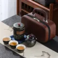 Portable ceramic travel tea set featuring one teapot, three cups and leather case - Style 04 Quick Cup (Leather Case) / Black