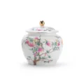 Boîte à thé en céramique blanche avec motif de pêcher coloré et bouton de couvercle doré - 850ml