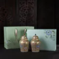 Elegante set di barattoli da tè vintage in ceramica dorata con confezione regalo di lusso - Motivo Smalto (Doppia Confezione Regalo) / Set Regalo Doppio Barattolo