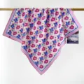 Floral 100% cotton square scarf hanging on a rod showing pink and purple flower patterns - RY-30