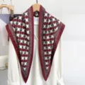 Elegant burgundy and black geometric plaid twill silk triangle scarf shawl for women - 87x130cm / Red