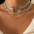 Detail shot of chunky silver punk metal chain and dainty snake chain necklace set - Triple Layered Necklace (YR-5033) / Silver