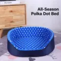 All-season blue polka dot pet bed for cats and dogs featuring a soft plush interior - S (38x29x13cm) / Royal Blue Polka Dot
