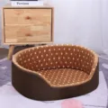 Plush brown polka dot pet bed for cats and small dogs, cozy indoor sleeping bed - S (38x29x13cm) / Camel Polka Dot
