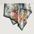 Elegant 130cm twill square scarf with retro floral and horse-bit print for women. - Standard / Black Border (130FJ24-1)