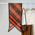 Retro geometric pattern faux silk scarf for women in earthy brown and orange tones - Style (PXCJ04-2) / Red