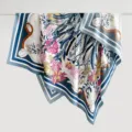 Elegant retro equestrian and floral print twill square scarf in white and blue hues - Standard / Blue Border (130FJ24-3)